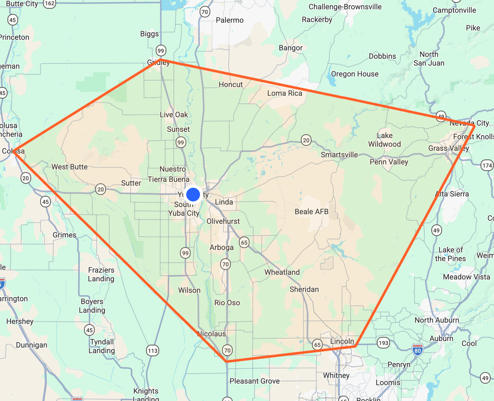 Map of the area we pour in: Gridley and Colusa in the north, Grass Valley in the east, Lincoln and Pleasant Grove in the south, with Yuba City at the centre